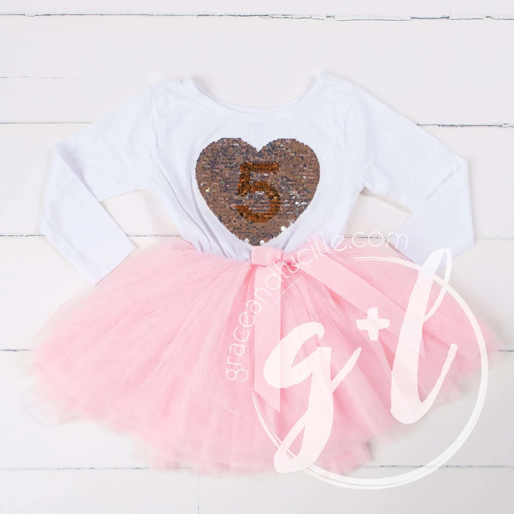 5th Birthday Outfit with FLIP Sequin Heart of Gold numeric FIVE heart