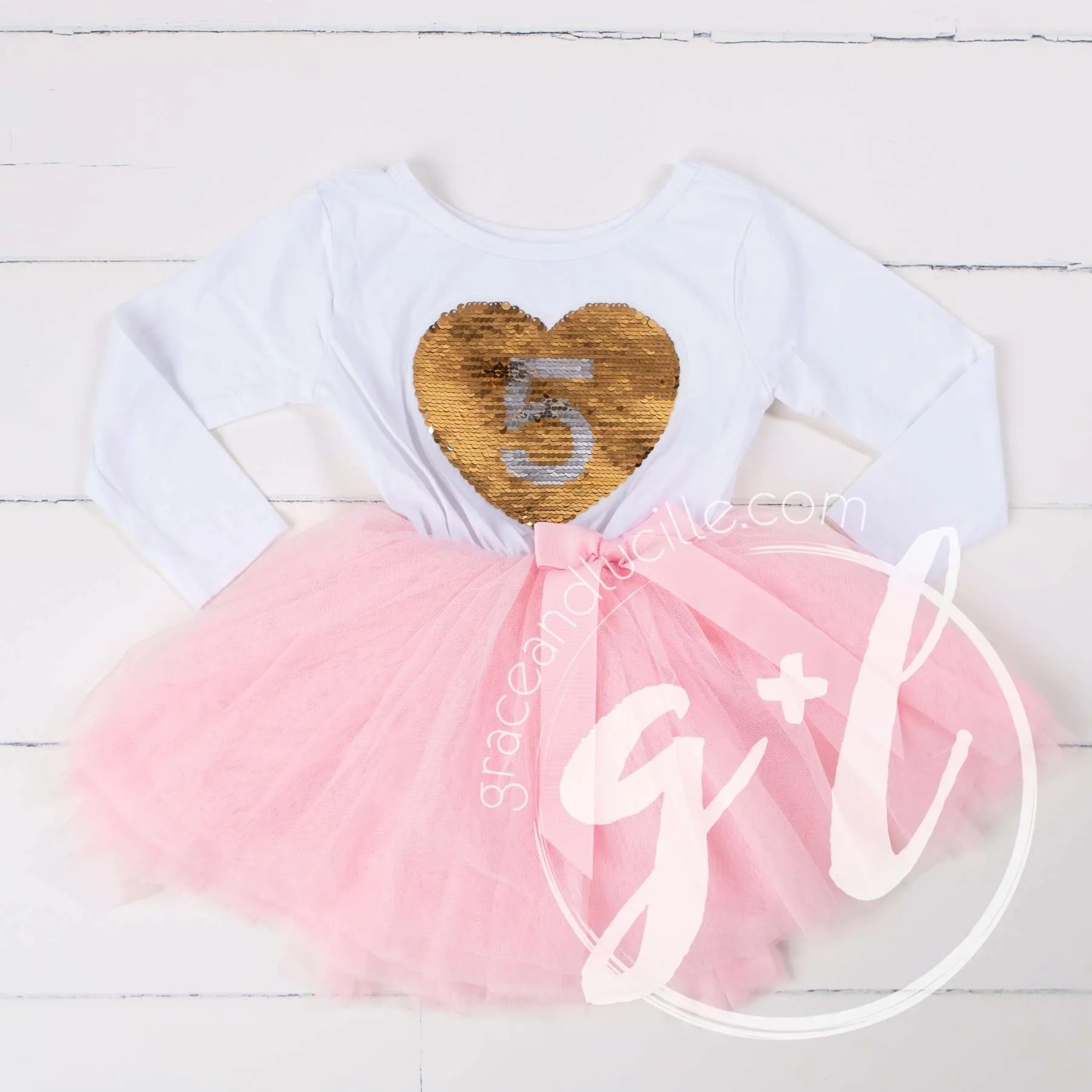5th Birthday Outfit with FLIP Sequin Heart of Gold numeric FIVE heart