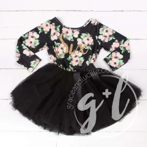 6th Birthday Dress Gold "SIX" Script Black Floral Long Sleeve Dress Combo with Gold Party Hat