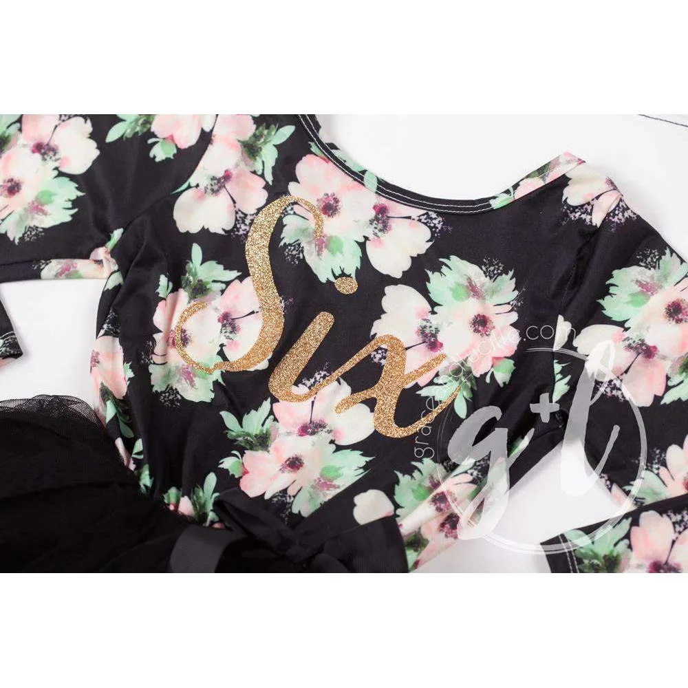 6th Birthday Dress Gold "SIX" Script Black Floral Long Sleeve Dress Combo with Gold Party Hat