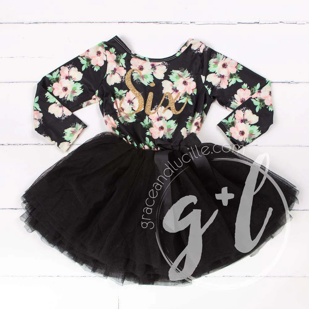 6th Birthday Dress Gold "SIX" Script Black Floral Long Sleeve Dress Combo with Gold Party Hat