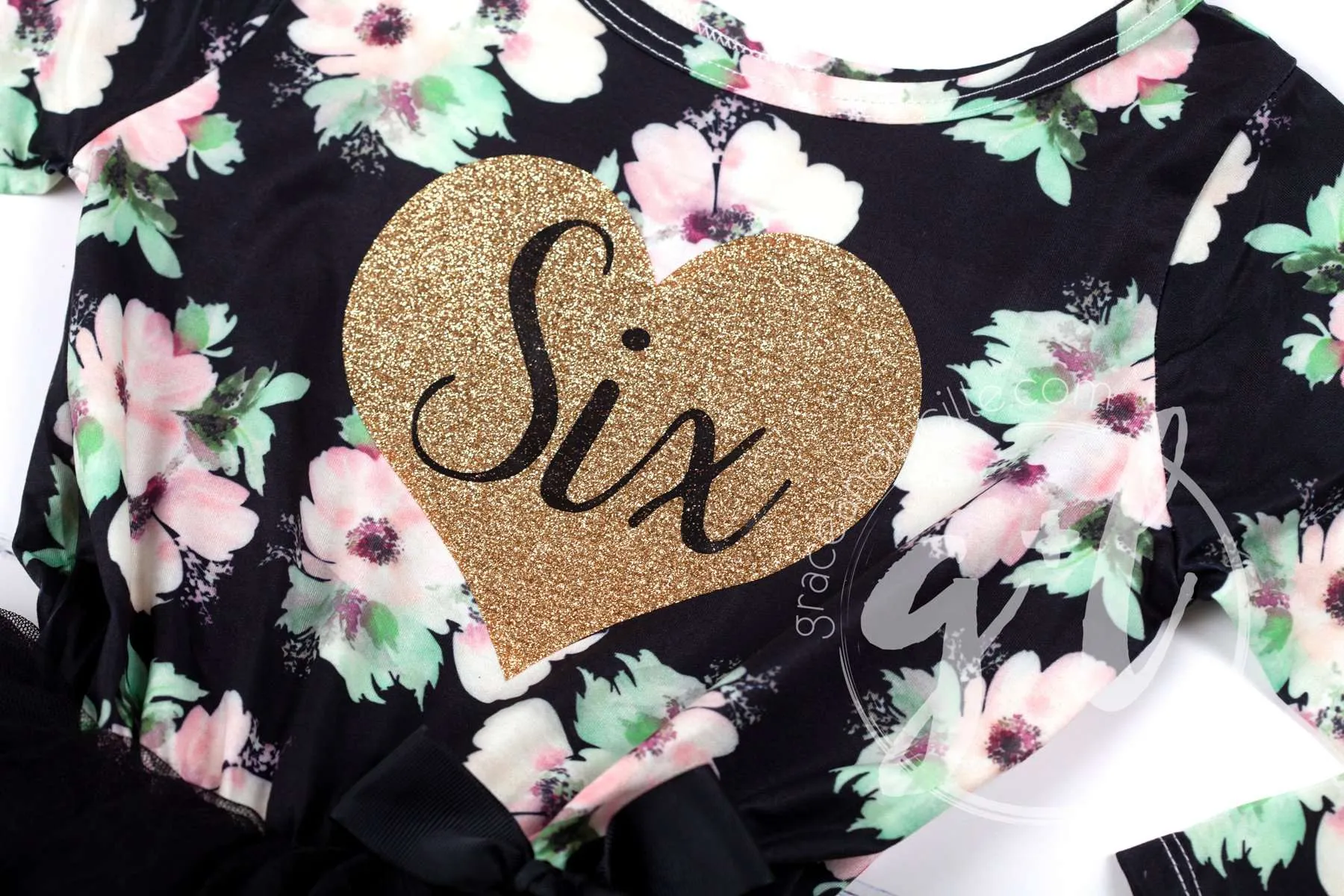 6th Birthday Dress Heart of Gold "SIX" Black Floral Long Sleeve Dress Combo with Gold Party Hat