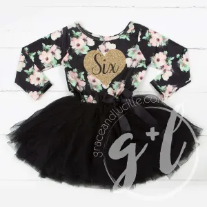 6th Birthday Dress Heart of Gold "SIX" Black Floral Long Sleeve Dress Combo with Gold Party Hat