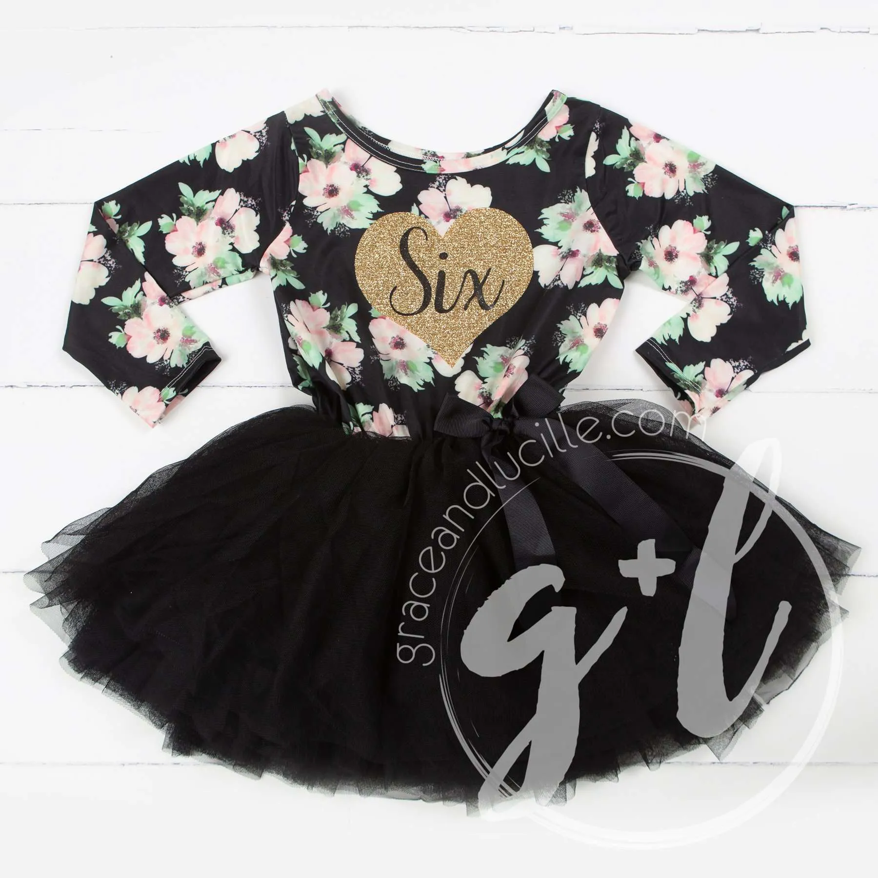 6th Birthday Dress Heart of Gold "SIX" Black Floral Long Sleeve Dress Combo with Gold Party Hat