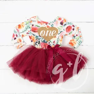 6th Birthday Dress Heart of Gold "SIX" Cranberry Floral Long Sleeve Dress Combo with Pink Party Hat