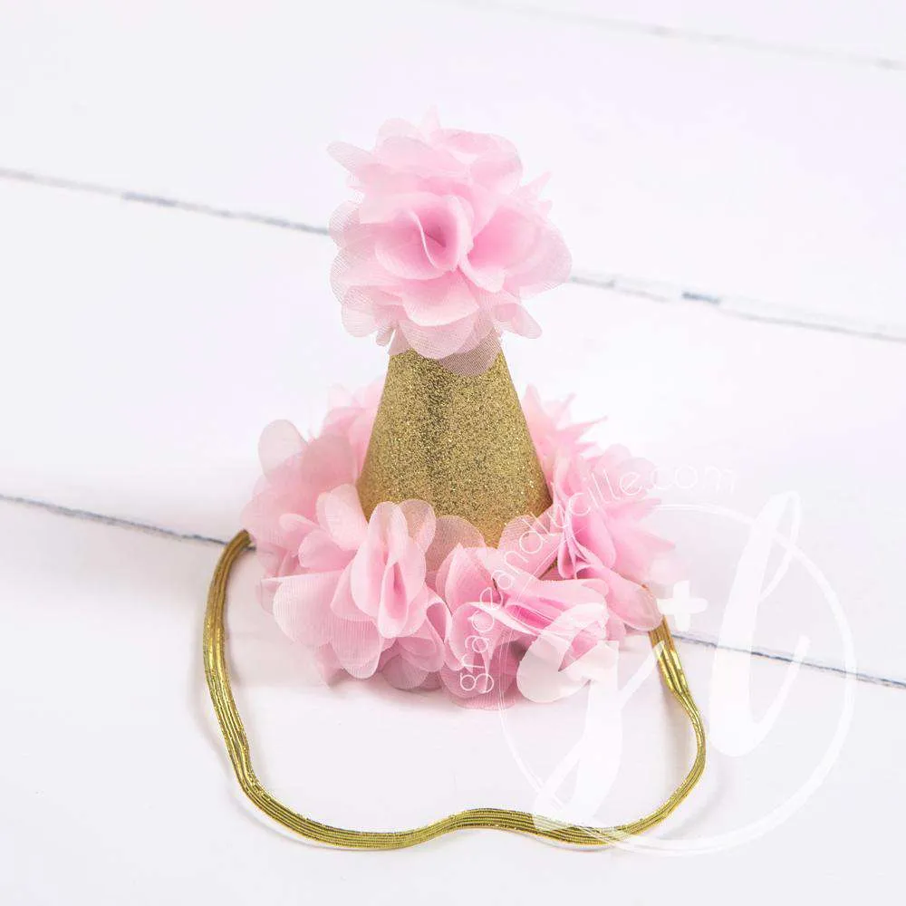 6th Birthday Dress Heart of Gold "SIX" Cranberry Floral Long Sleeve Dress Combo with Pink Party Hat