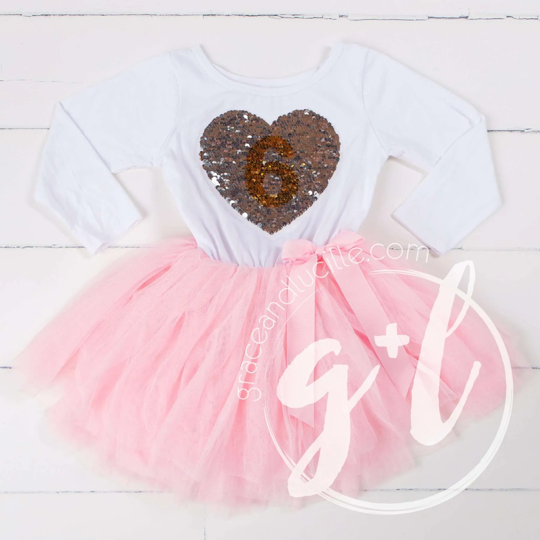 6th Birthday Outfit with FLIP Sequin Heart of Gold numeric SIX heart
