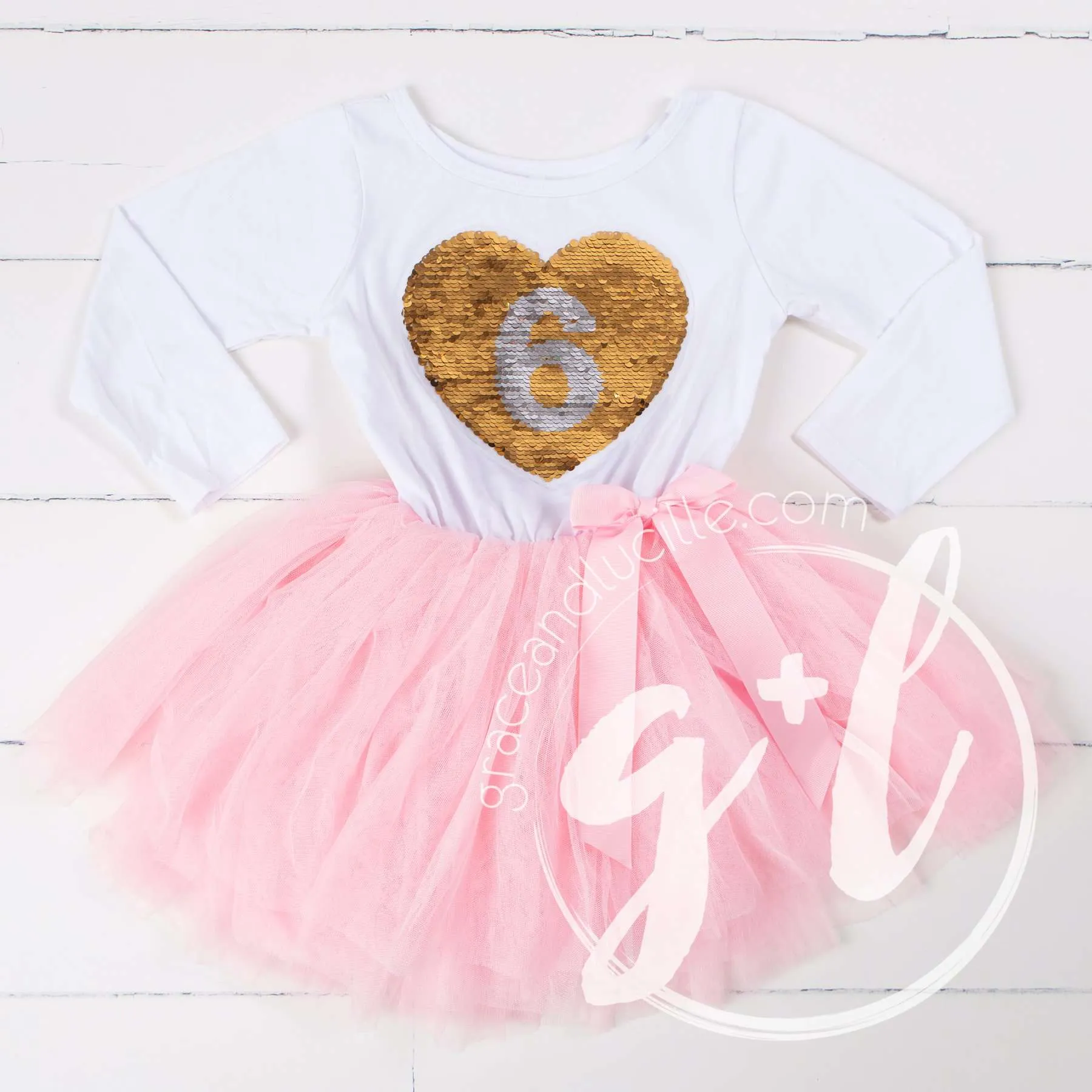 6th Birthday Outfit with FLIP Sequin Heart of Gold numeric SIX heart
