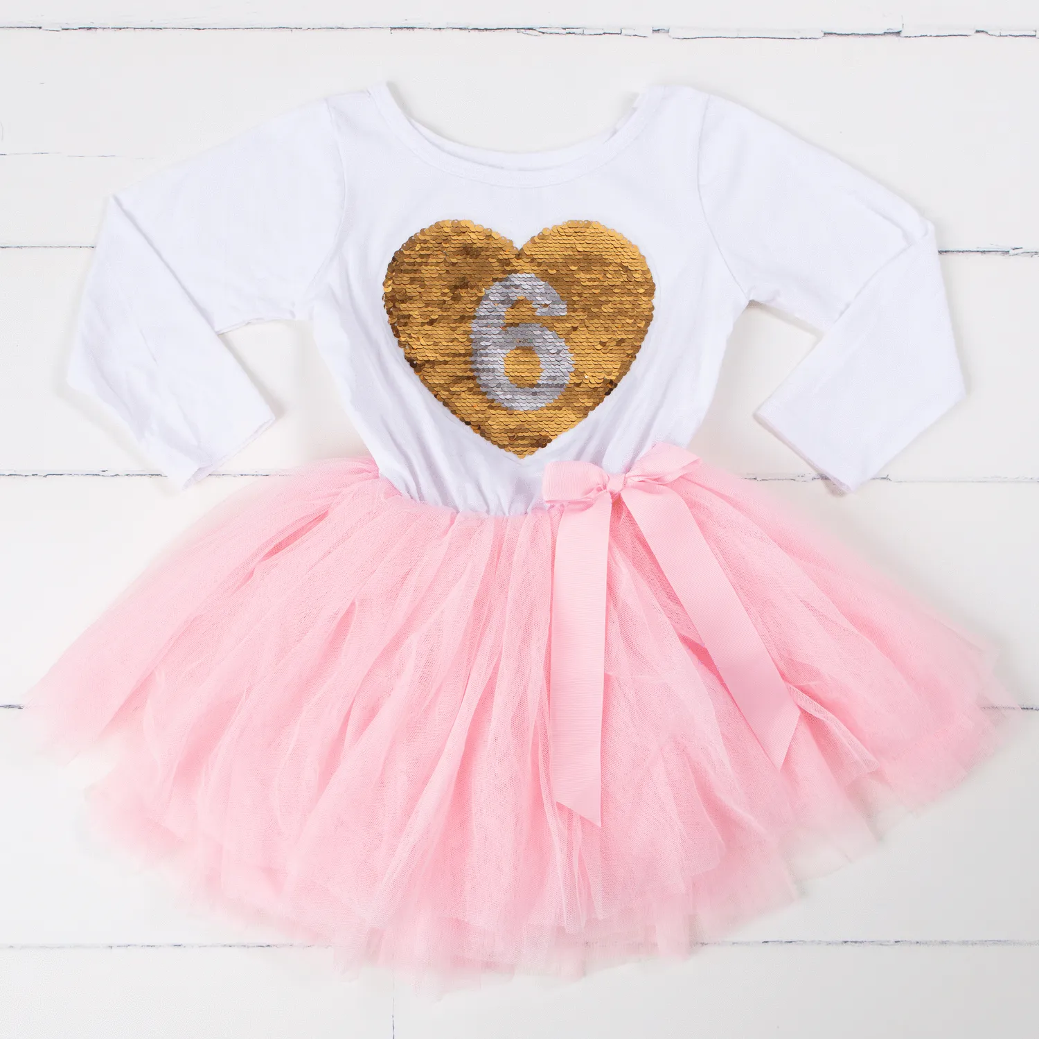 6th Birthday Outfit with FLIP Sequin Heart of Gold numeric SIX heart