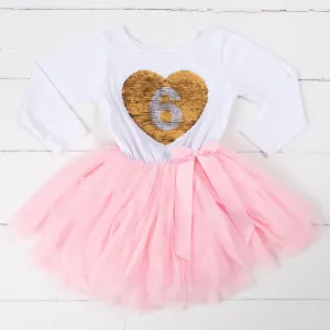 6th Birthday Outfit with FLIP Sequin Heart of Gold numeric SIX heart