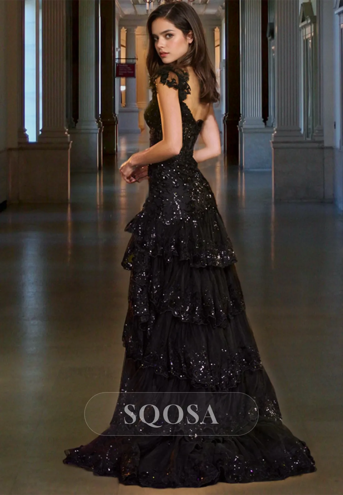 A-Line Sweetheart Sleeveless Pleated Evening Gowns Glitter-Lace Applique Tiered Prom Dress with High Slit