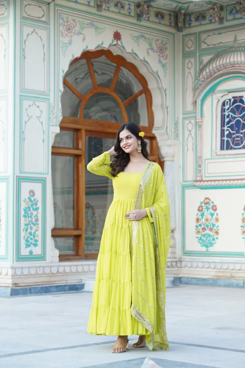Alluring Parrot Green Faux Georgette Gown with Sequined Dupatta