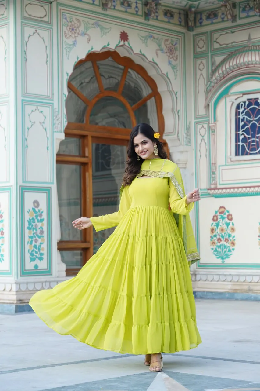 Alluring Parrot Green Faux Georgette Gown with Sequined Dupatta