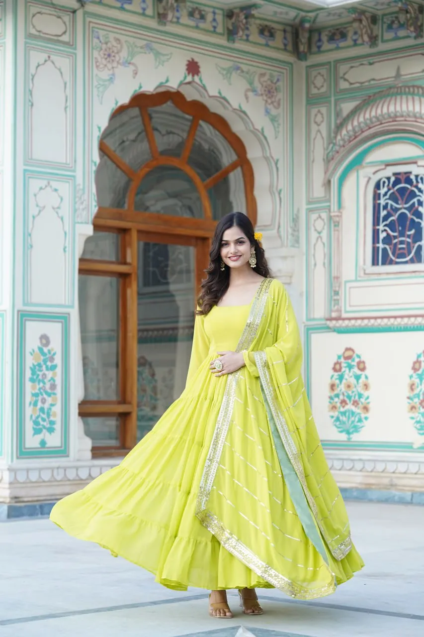 Alluring Parrot Green Faux Georgette Gown with Sequined Dupatta