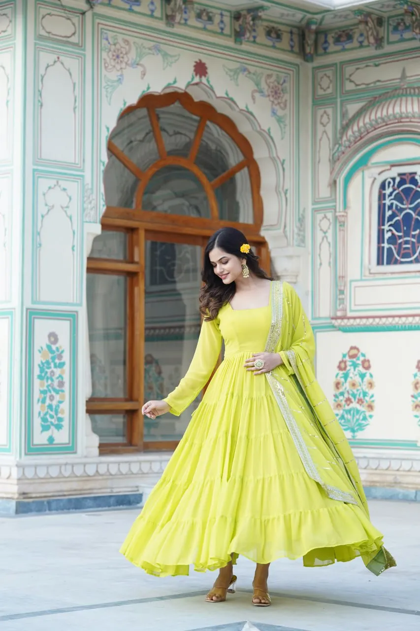 Alluring Parrot Green Faux Georgette Gown with Sequined Dupatta