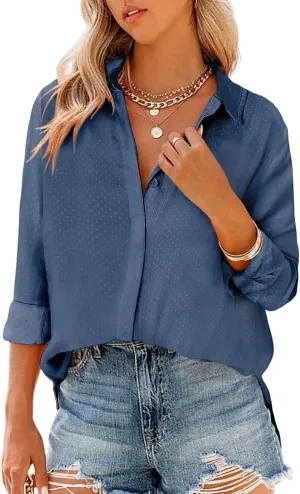 Astylish Women 2024 Casual Long Sleeve Silk Shirts V Neck Elegant Button Down Polka Dots Blouse