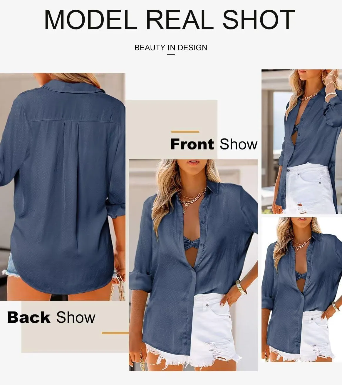 Astylish Women 2024 Casual Long Sleeve Silk Shirts V Neck Elegant Button Down Polka Dots Blouse