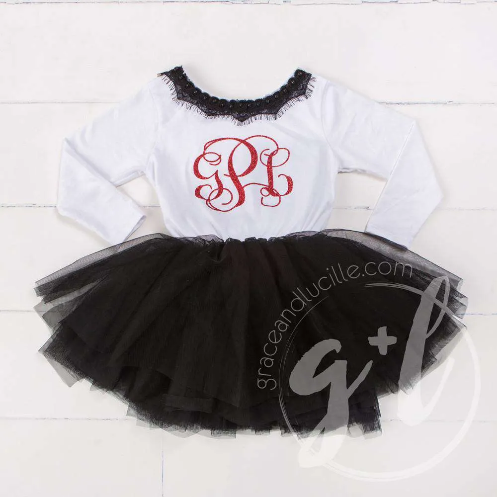 Bejeweled Neck Grand Red Monogram Dress Black Tutu, White Long Sleeves
