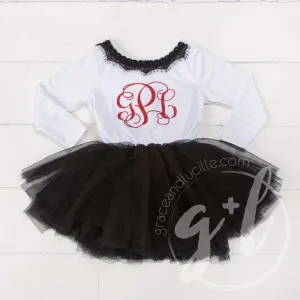 Bejeweled Neck Grand Red Monogram Dress Black Tutu, White Long Sleeves