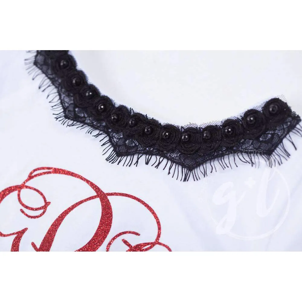 Bejeweled Neck Grand Red Monogram Dress Black Tutu, White Long Sleeves