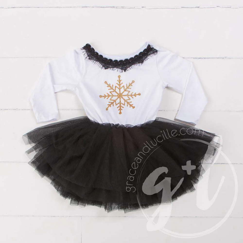 Bejeweled Neck Snowflake Dress Black Tutu, White Long Sleeves