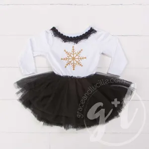 Bejeweled Neck Snowflake Dress Black Tutu, White Long Sleeves