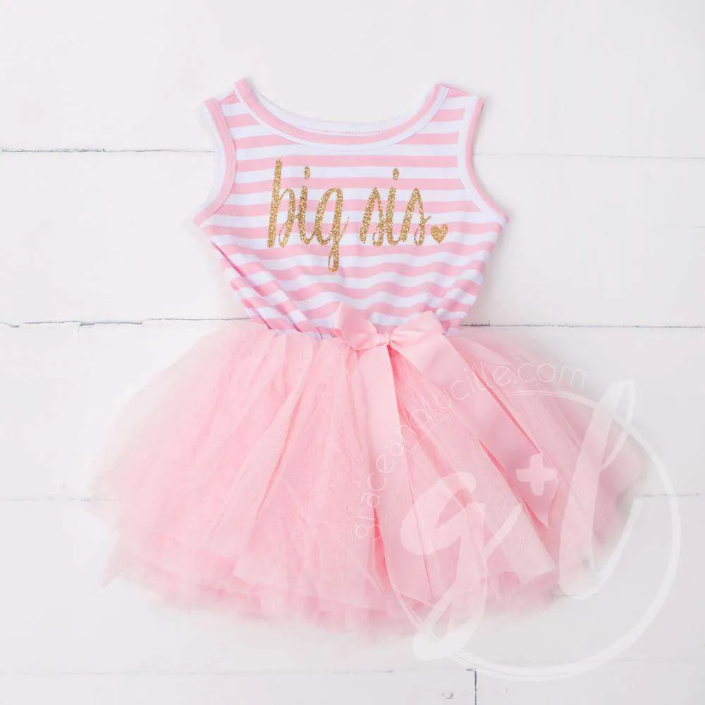 Big Sis Dress Gold Script Pink Striped LONG Sleeves