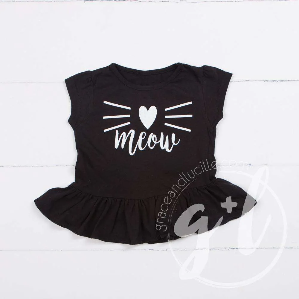 Black Peplum Tee Shirt with "MEOW" Cat in White