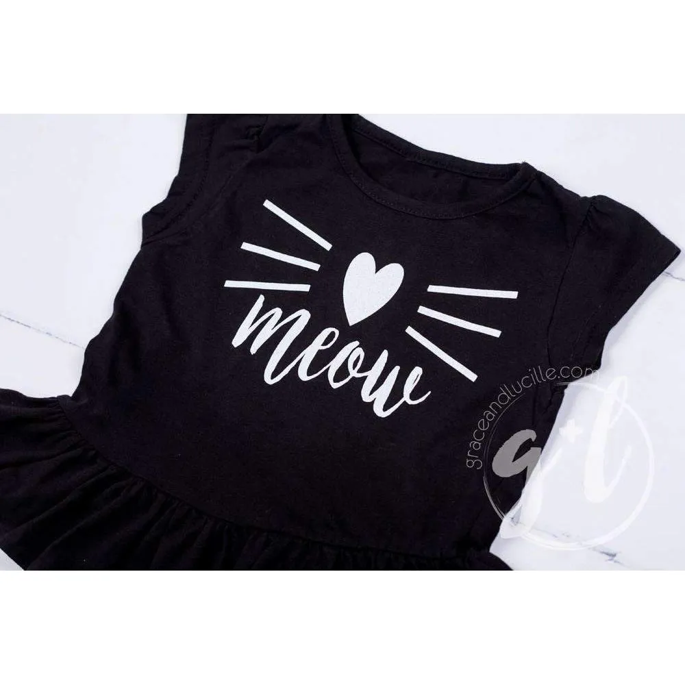 Black Peplum Tee Shirt with "MEOW" Cat in White