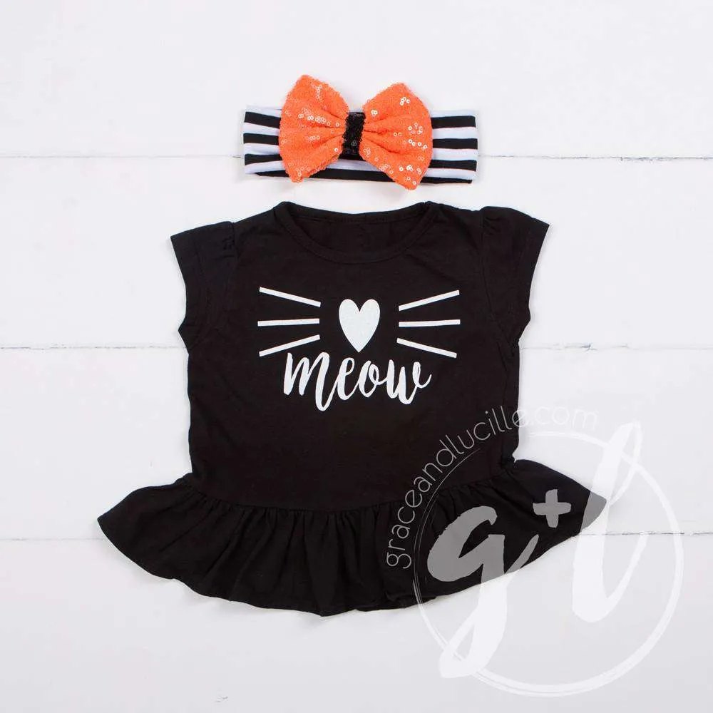 Black Peplum Tee Shirt with "MEOW" Cat in White