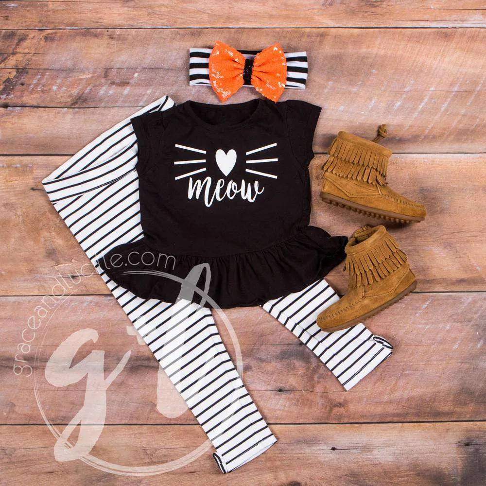 Black Peplum Tee Shirt with "MEOW" Cat in White