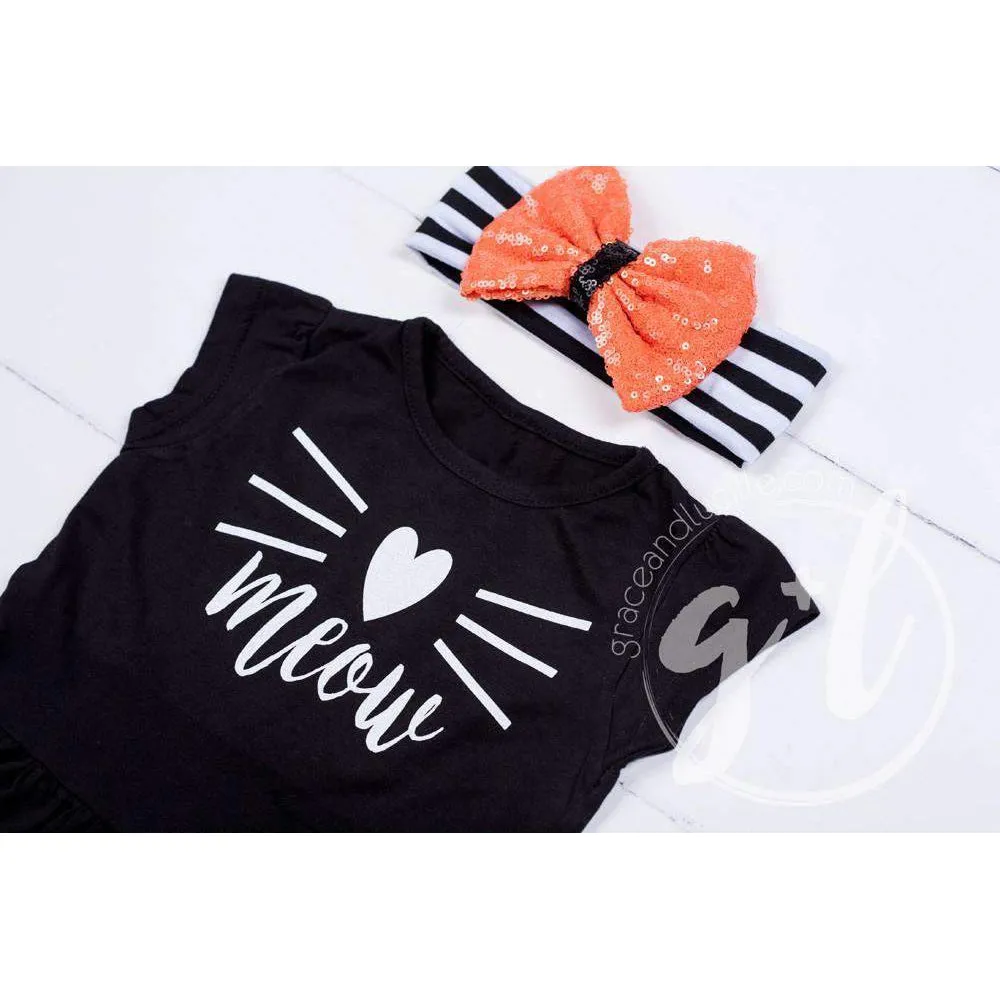 Black Peplum Tee Shirt with "MEOW" Cat in White