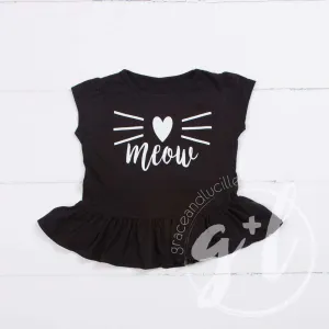 Black Peplum Tee Shirt with "MEOW" Cat in White