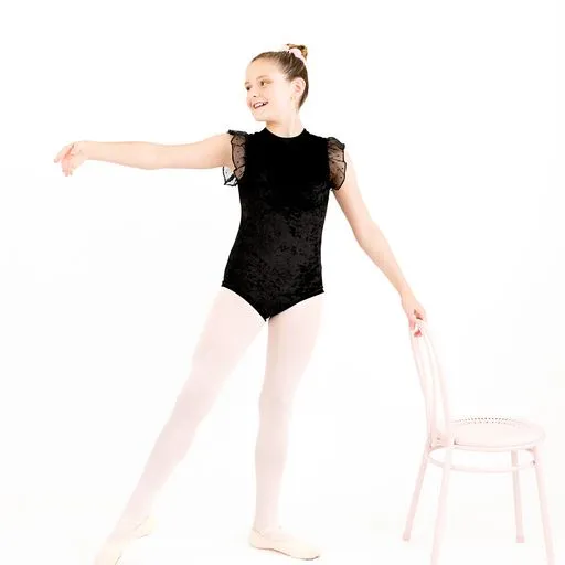 Black Velvet Leo with Swiss Dot Chiffon Flutter Sleeve