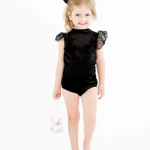 Black Velvet Leo with Swiss Dot Chiffon Flutter Sleeve