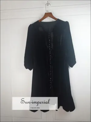 Black Vintage Velvet Loose Single-breasted V-neck 3/4 Sleeve Mini Dress