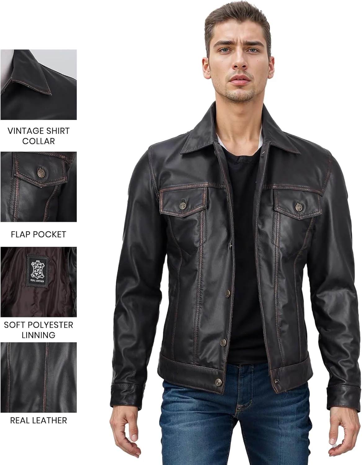 Blingsoul Premium Vintage Leather Jacket Men - Real Lambskin Trucker Mens Leather Jackets