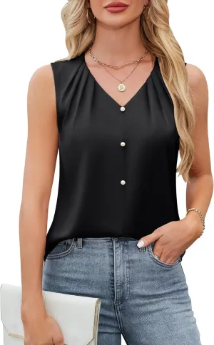 Blooming Jelly Womens Satin Tank Tops V Neck Sleeveless Summer Dressy Silky Blouse Ladies Trendy Work Business Casual Outfit