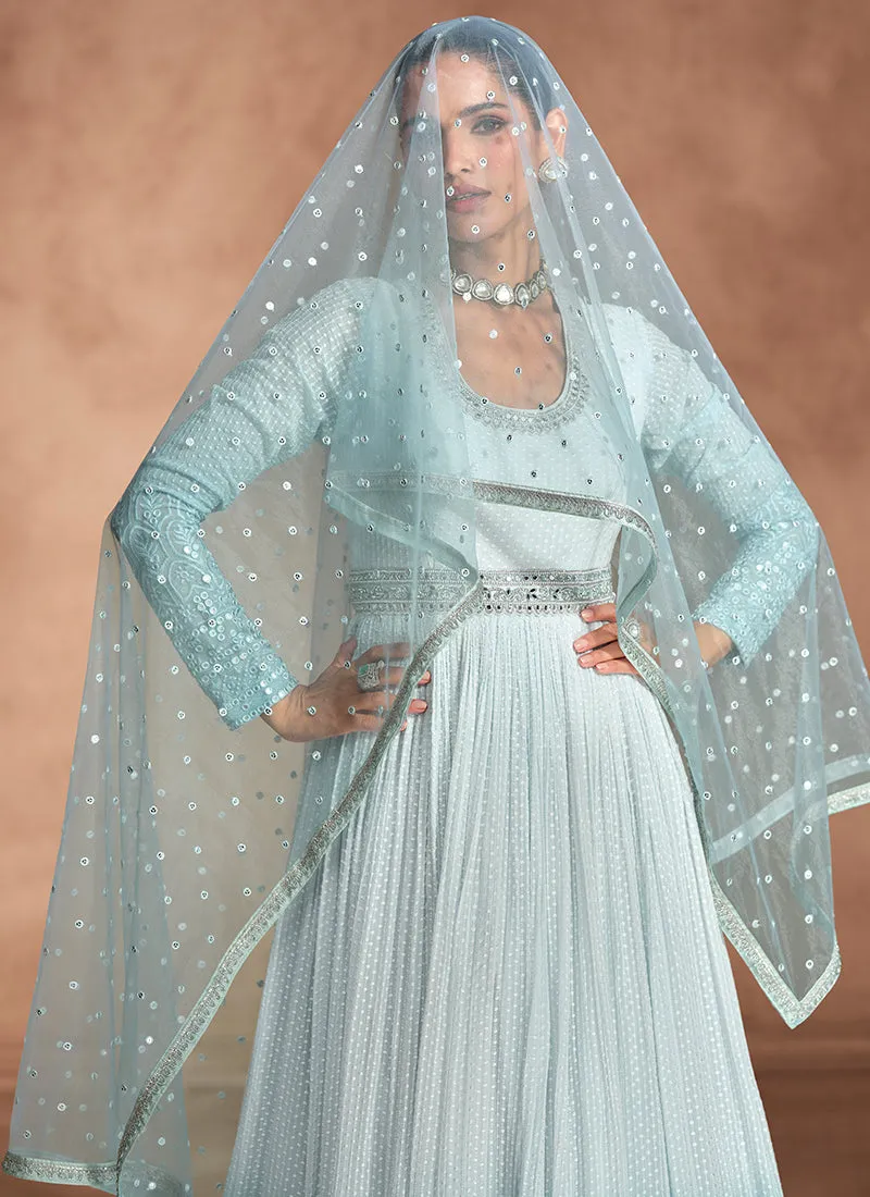 Blue Ombré Chikankari Embroidery Anarkali Gown
