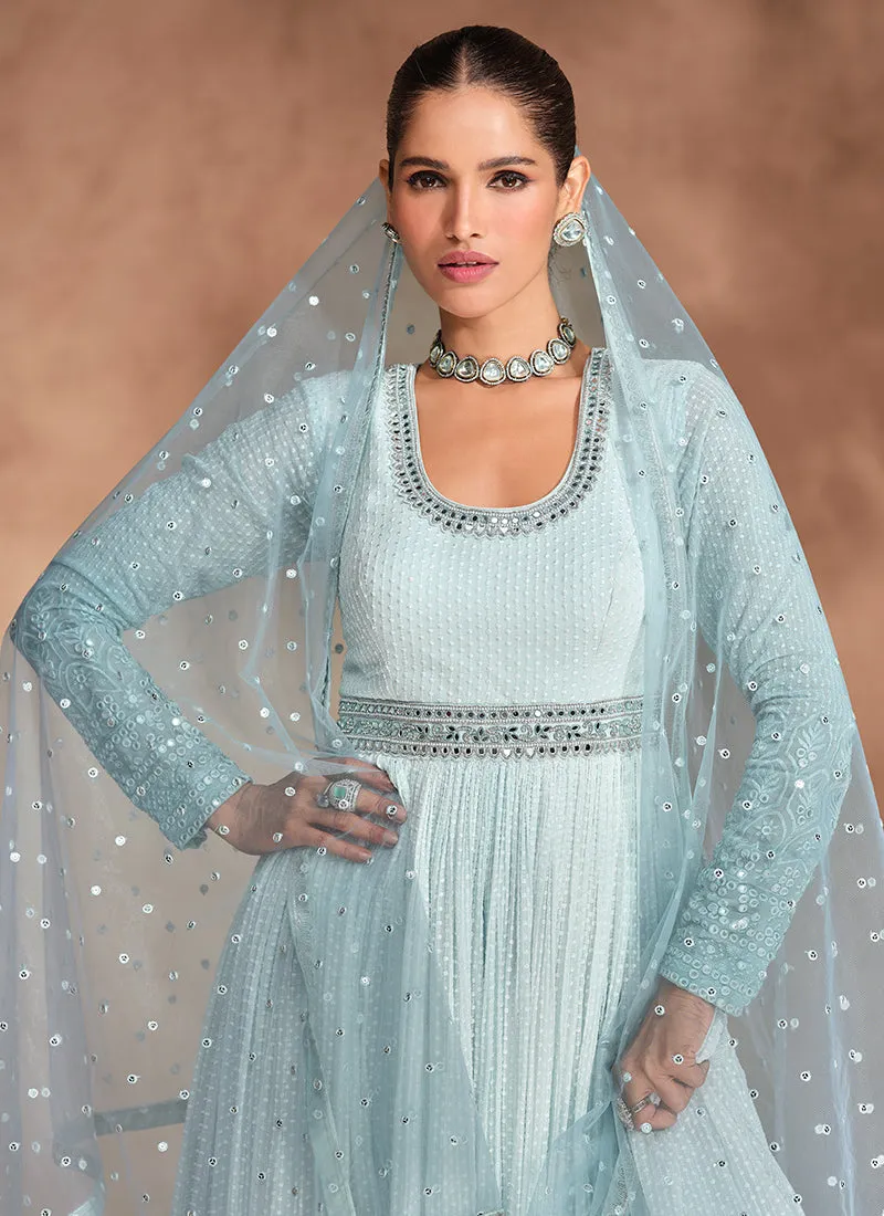 Blue Ombré Chikankari Embroidery Anarkali Gown