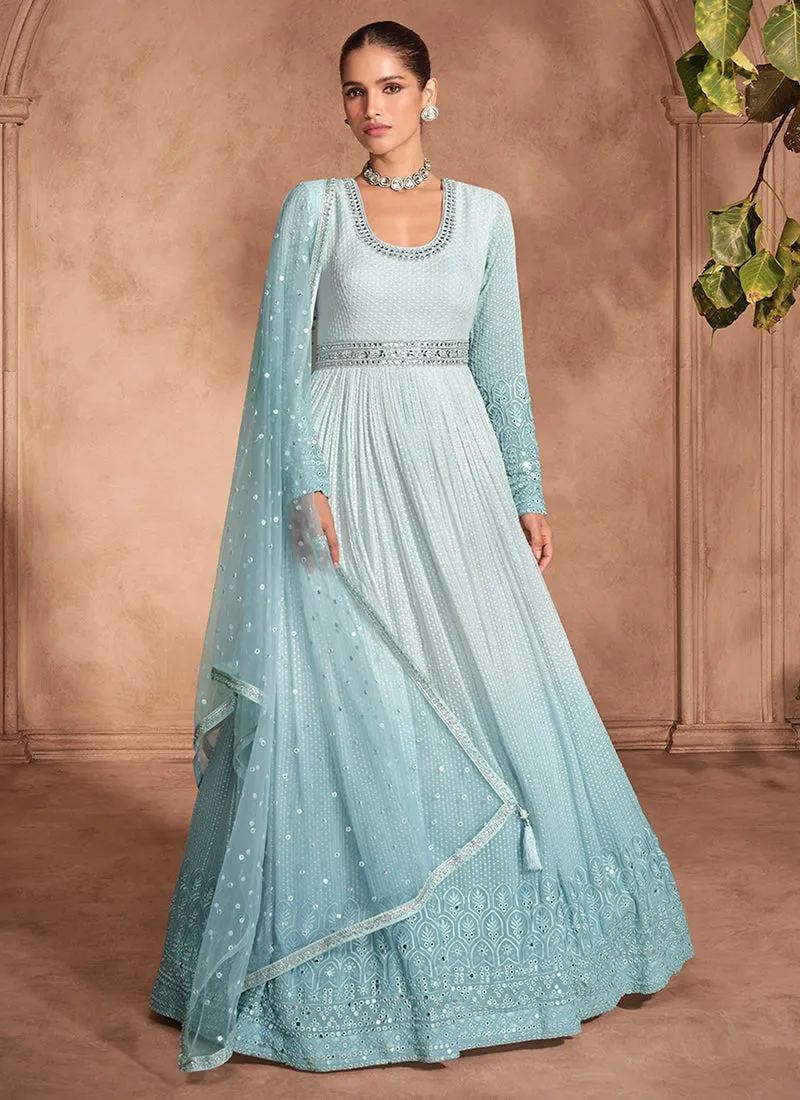 Blue Ombré Chikankari Embroidery Anarkali Gown