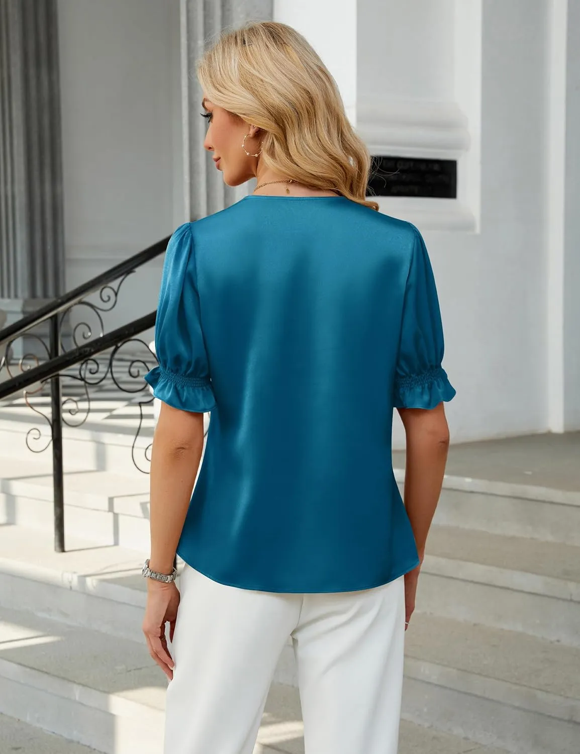 BMJL Womens Blouses Dressy Casual Satin V Neck Short Sleeve Shirts Business Casual Tops for Women