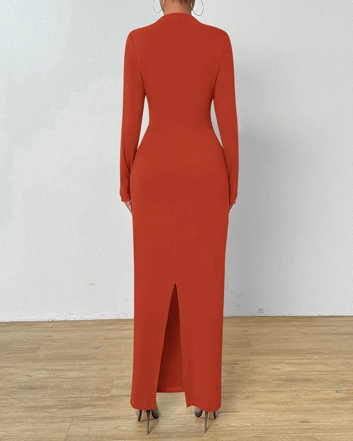 BTFBM Women Bodycon Maxi Dress Long Sleeve Back Slit Ruched Elegant Party Cocktail Formal Spring Wedding Guest Dresses