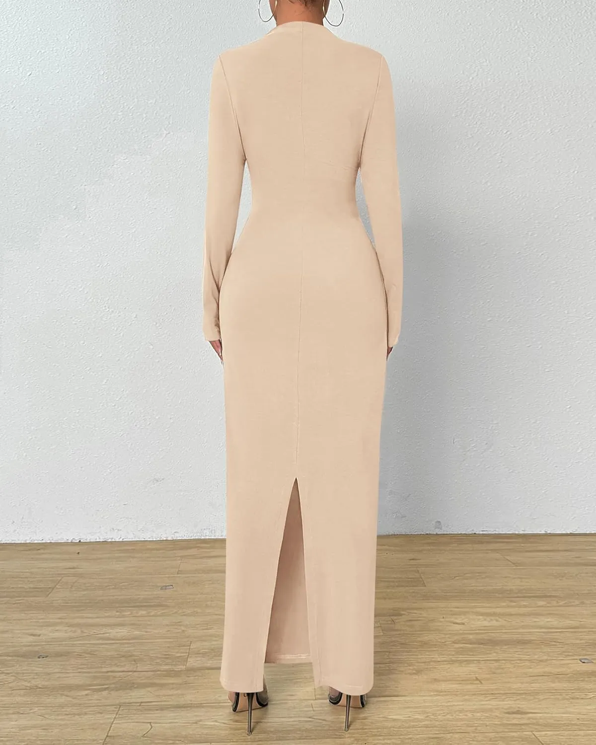BTFBM Women Bodycon Maxi Dress Long Sleeve Back Slit Ruched Elegant Party Cocktail Formal Spring Wedding Guest Dresses
