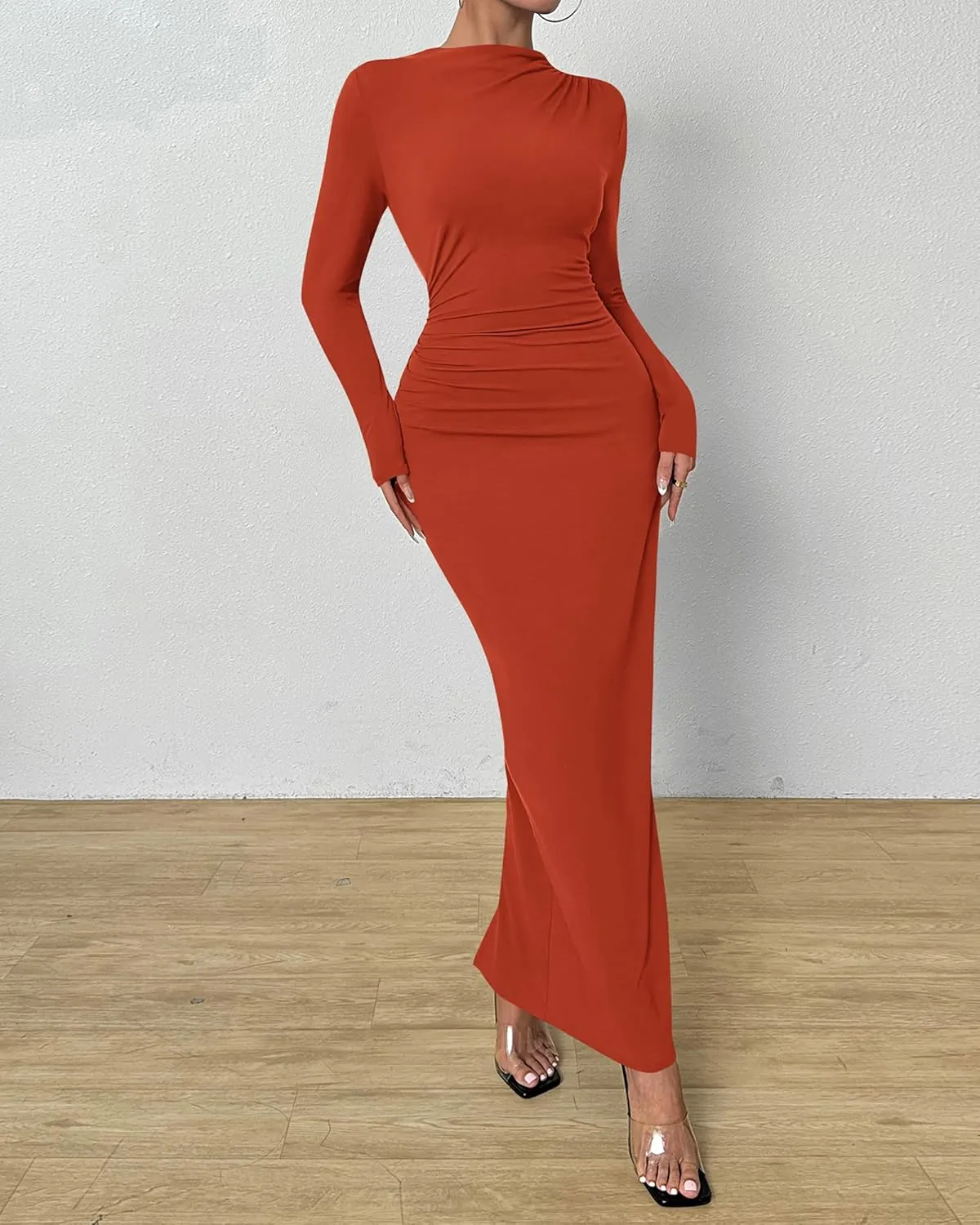 BTFBM Women Bodycon Maxi Dress Long Sleeve Back Slit Ruched Elegant Party Cocktail Formal Spring Wedding Guest Dresses