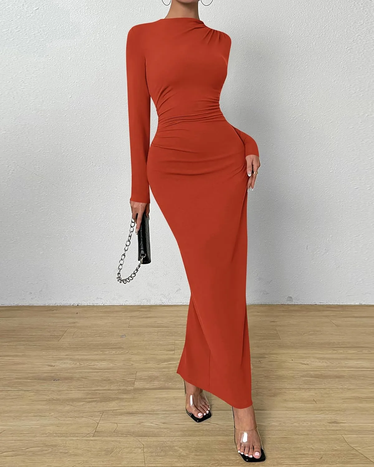 BTFBM Women Bodycon Maxi Dress Long Sleeve Back Slit Ruched Elegant Party Cocktail Formal Spring Wedding Guest Dresses