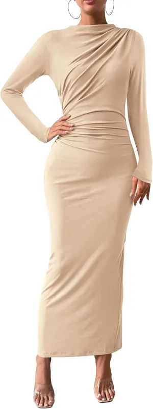 BTFBM Women Bodycon Maxi Dress Long Sleeve Back Slit Ruched Elegant Party Cocktail Formal Spring Wedding Guest Dresses