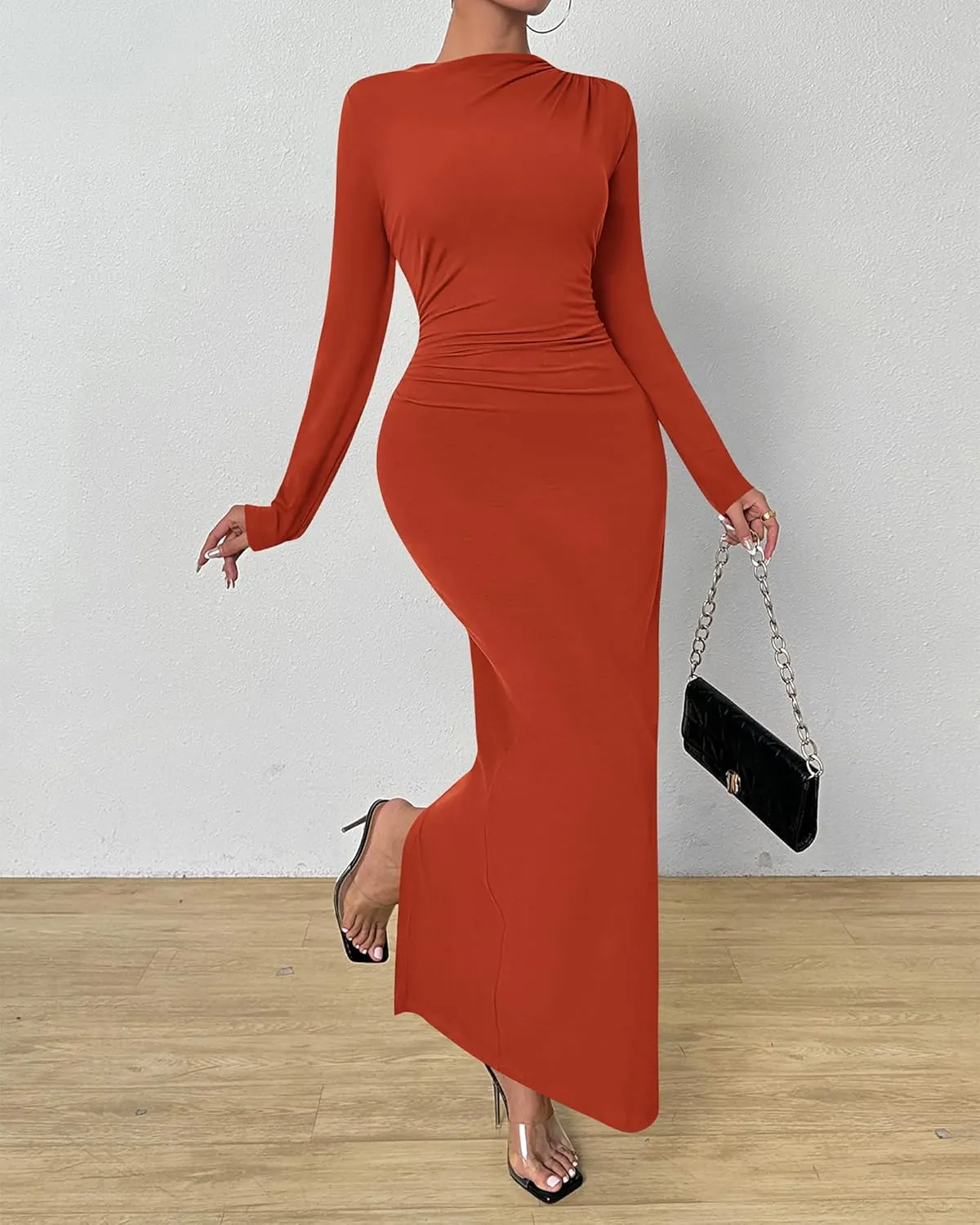 BTFBM Women Bodycon Maxi Dress Long Sleeve Back Slit Ruched Elegant Party Cocktail Formal Spring Wedding Guest Dresses