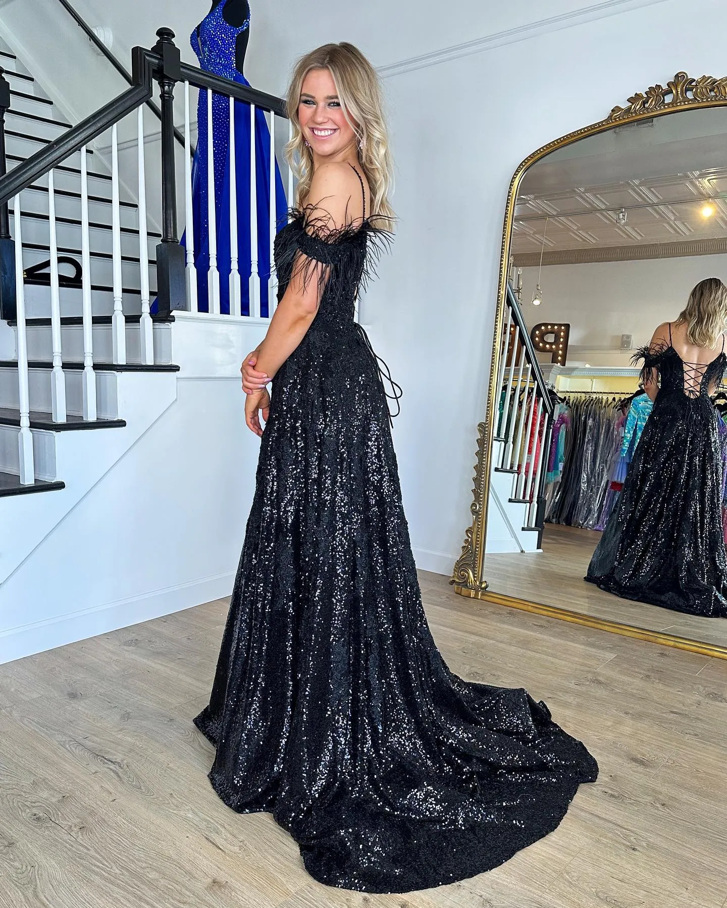 Chic Spaghetti Straps Lace Long Prom Dress Feather Thigh Split Elegant Evening Dress #JKSS618