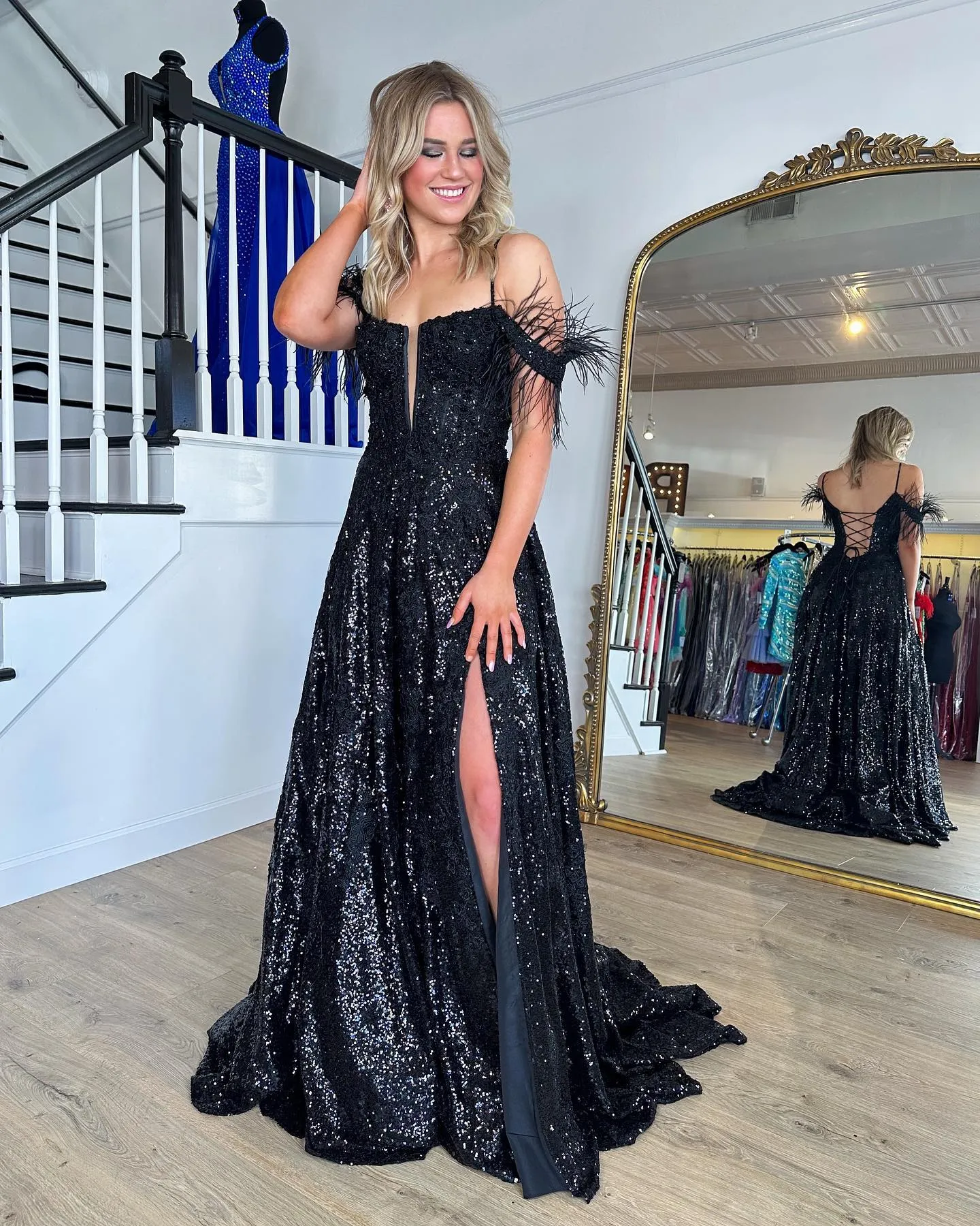Chic Spaghetti Straps Lace Long Prom Dress Feather Thigh Split Elegant Evening Dress #JKSS618